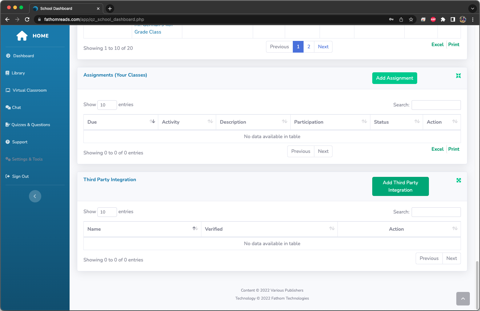 Sceenshot of the third party integrations module on the Fathom Dashboard