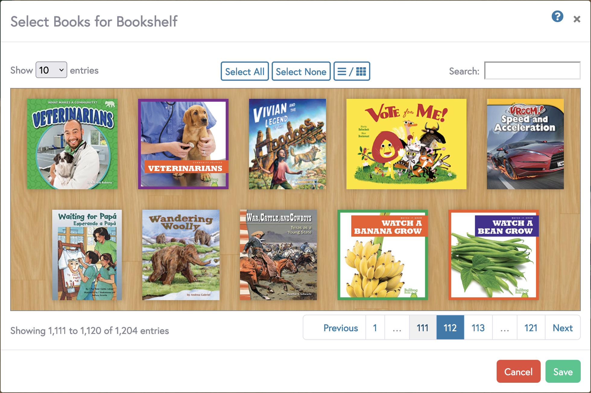 Sceenshot of the select books modal